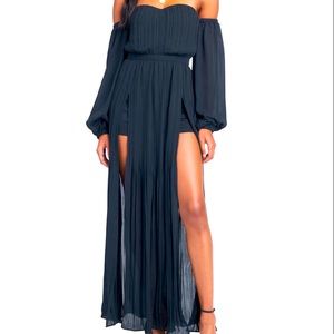 Bebe Off the Shoulder Front Slit Maxi Dress